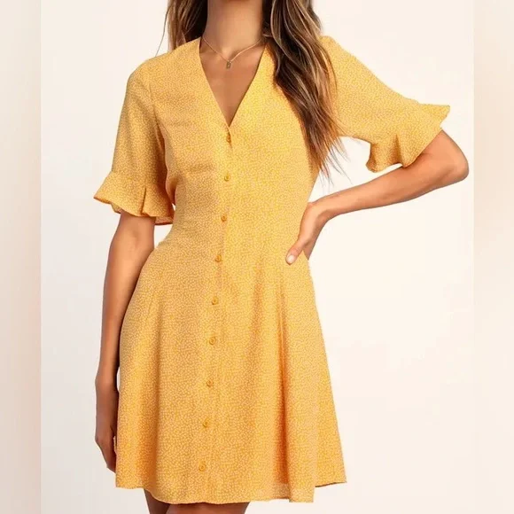 Lulus castana mustard yellow print button up dress size small - Picture 3 of 7